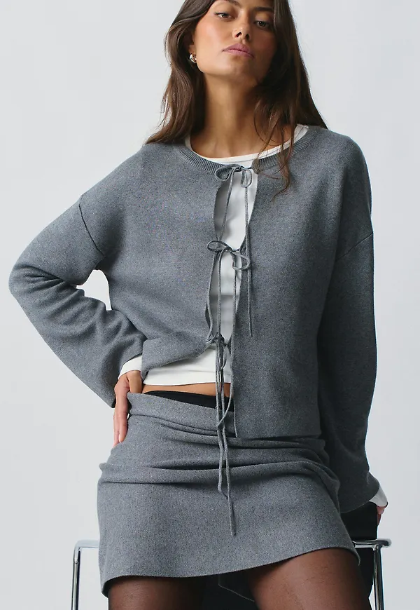 Gina Tricot - knitted tie cardigan - koftor & cardigans - Grå - XL - Dam
