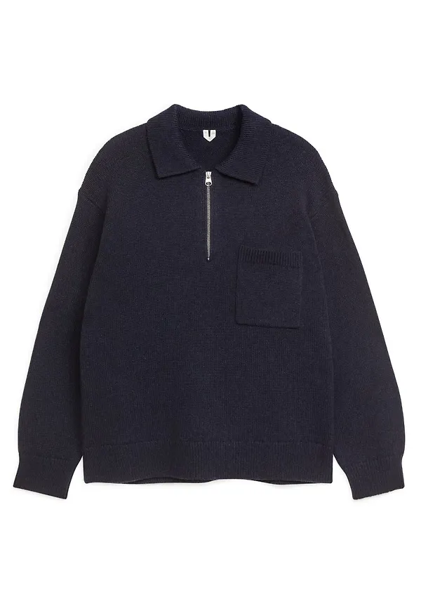 Knitted Wool Half-Zip Cardigan - Blue