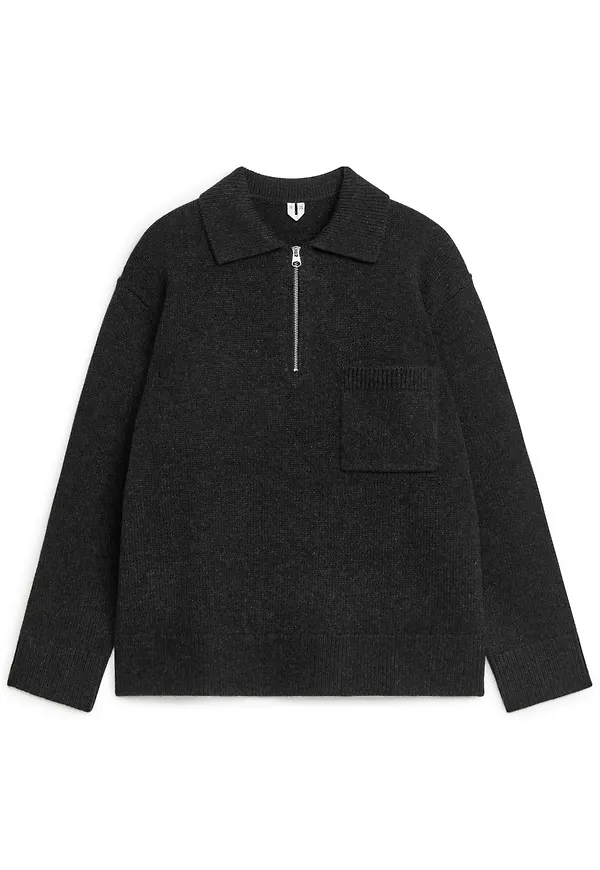 Knitted Wool Zip Polo Shirt - Black