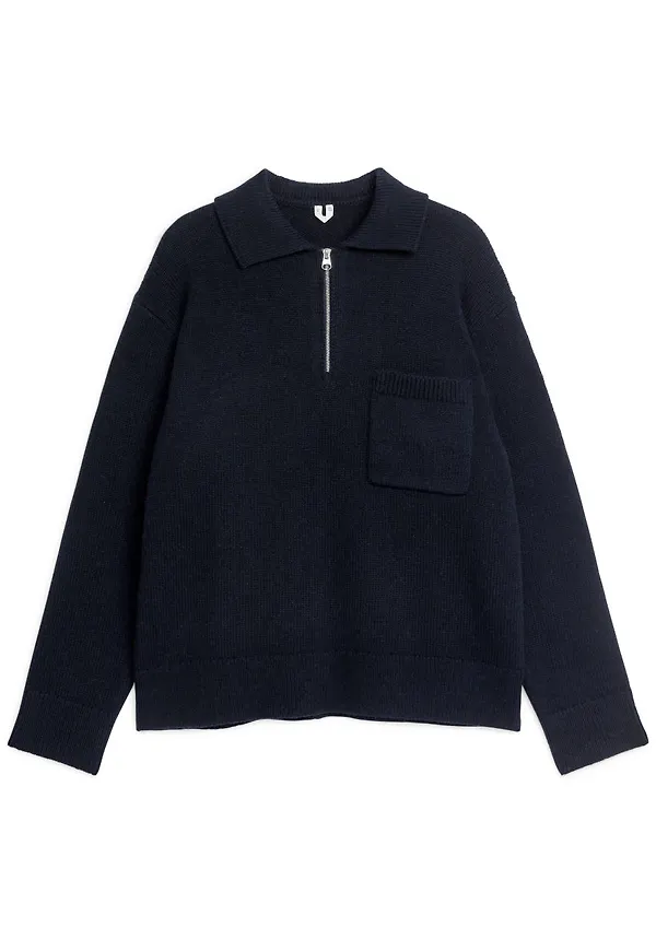 Knitted Wool Zip Polo Shirt - Blue