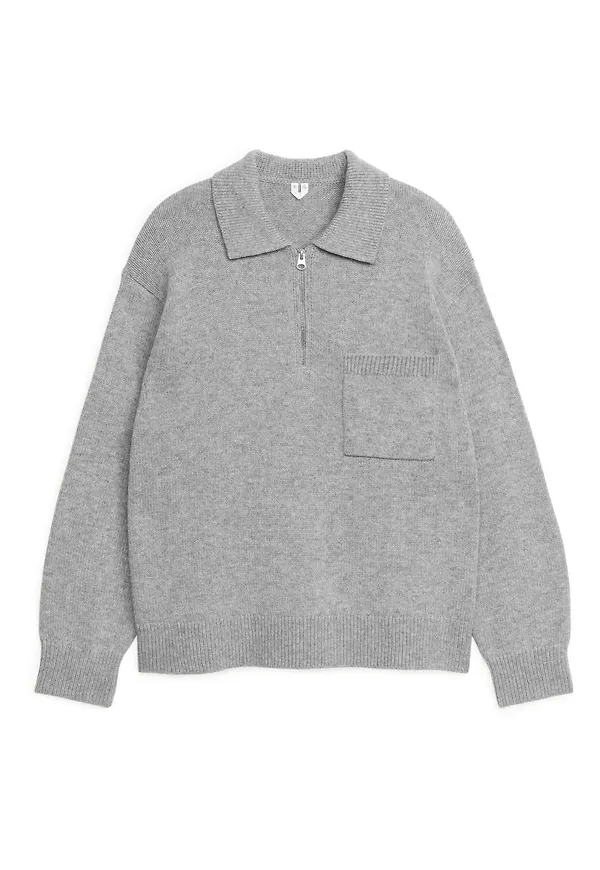 Knitted Wool Zip Polo Shirt - Grey