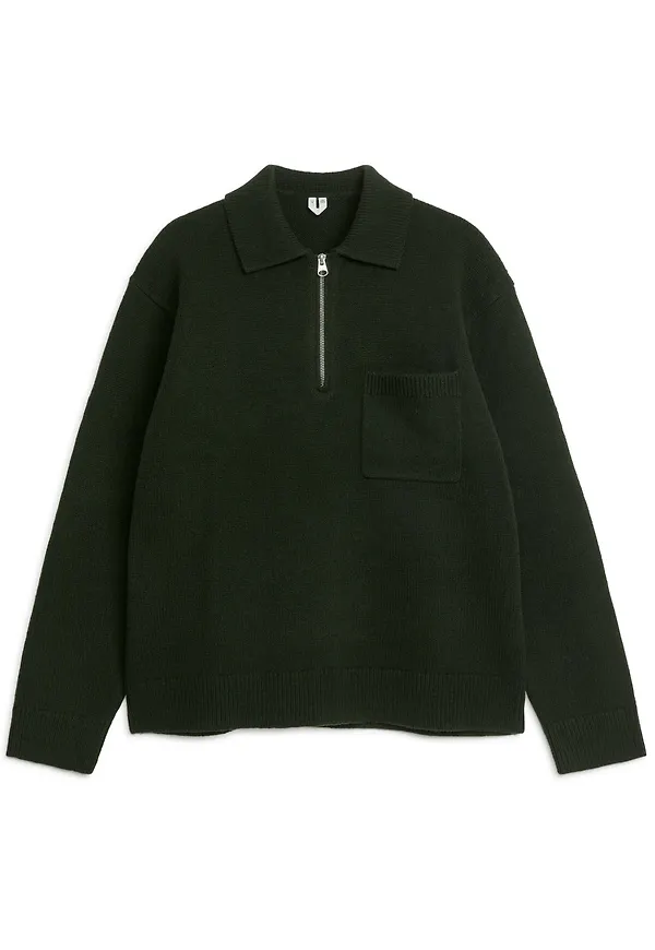 Knitted Wool Zip Polo Shirt - Green