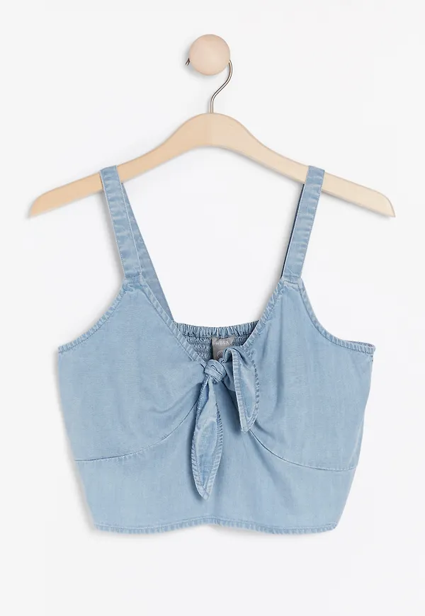 Kort jeansblus i lyocell med knytdetalj