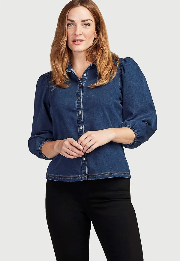 Kort jeansskjorta med puffärm