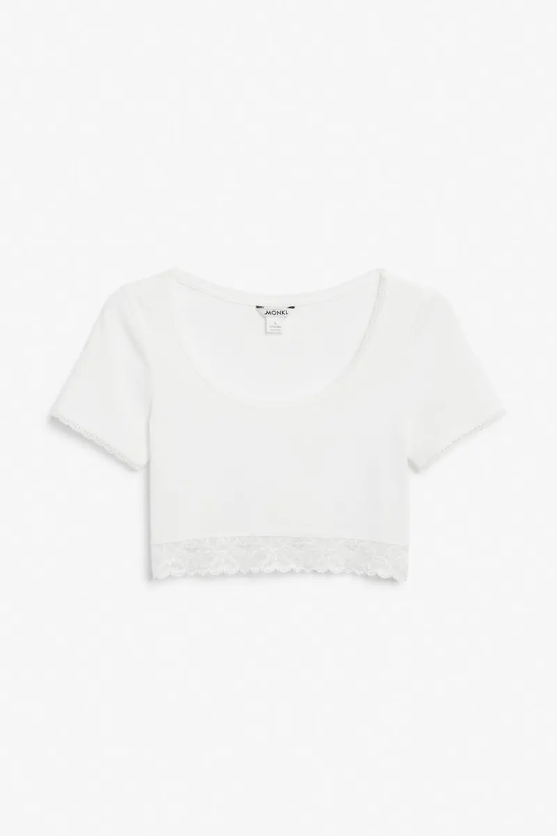 Lace detail cropped tee - White