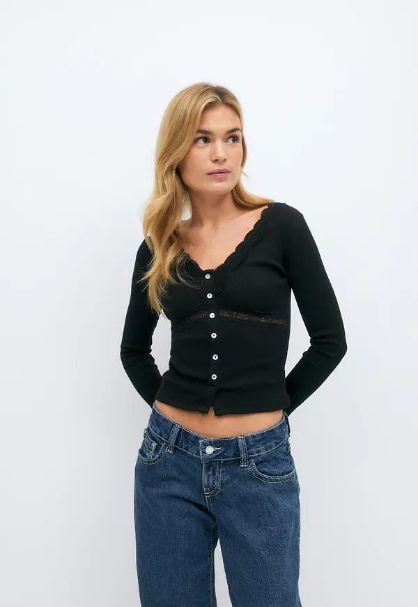 Gina Tricot - Lace detail top - Långärmade toppar - Svart - XS - Dam