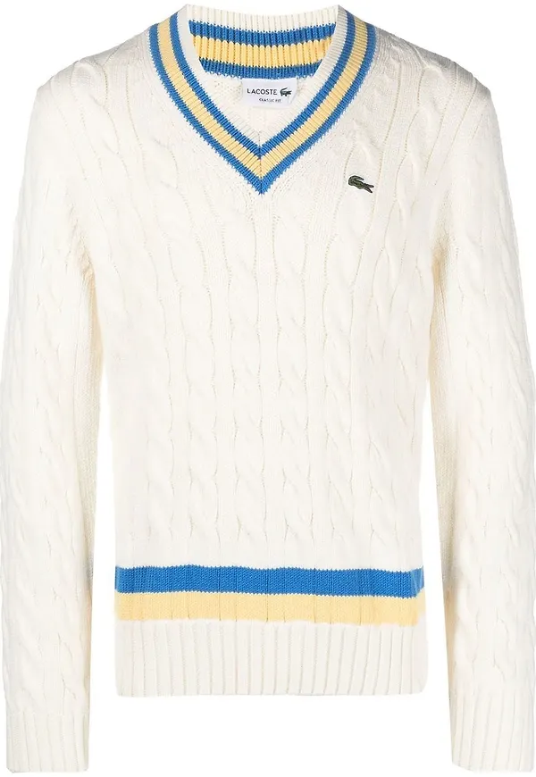 Lacoste kabelstickad v-ringad tröja - Vit