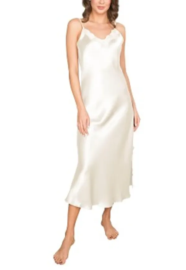 Lady Avenue Pure Silk Long Nightgown With Lace Benvit silke Small Dam