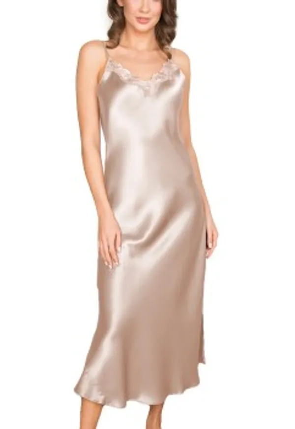 Lady Avenue Pure Silk Long Nightgown With Lace Pärlvit silke X-Small Dam