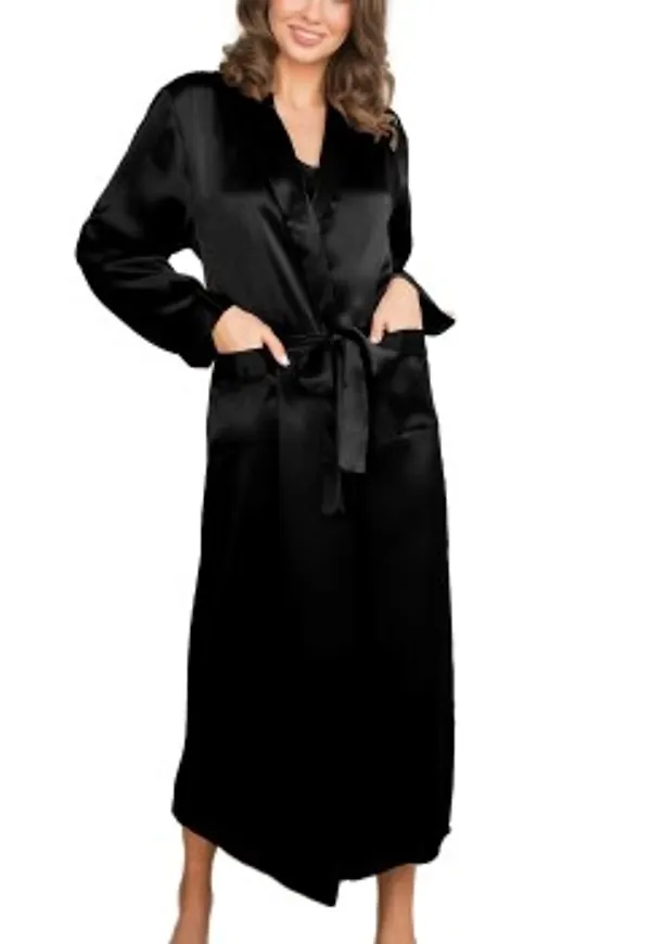 Lady Avenue Pure Silk Long Robe Svart silke Small Dam