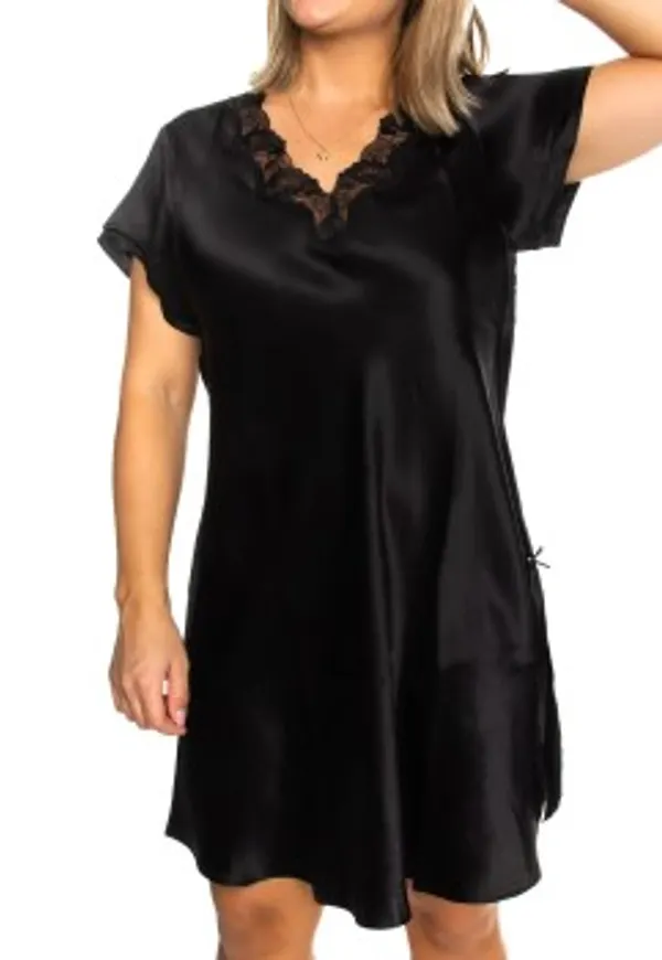 Lady Avenue Pure Silk Nightgown With Lace Svart silke Large Dam
