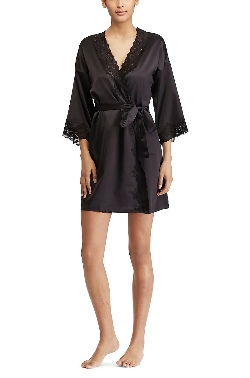 Lauren Ralph Lauren - Morgonrock LRL Signature Lace Kimono Robe - Svart