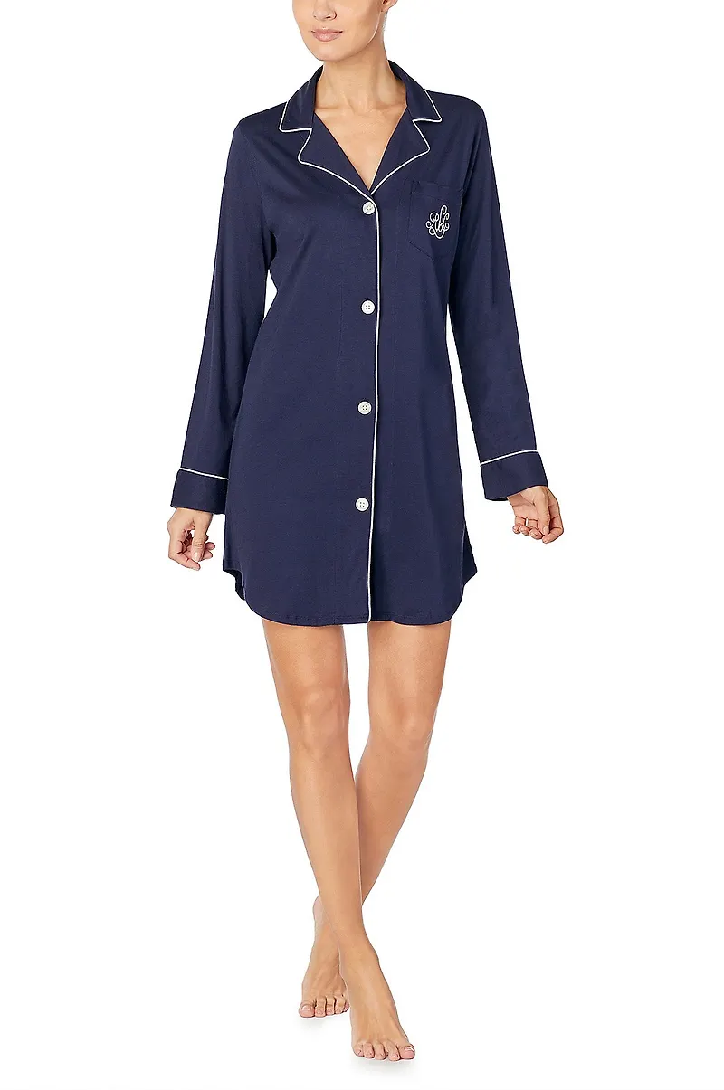 Lauren Ralph Lauren - Nattskjorta LRL Knit Collar Sleepshirt - Blå