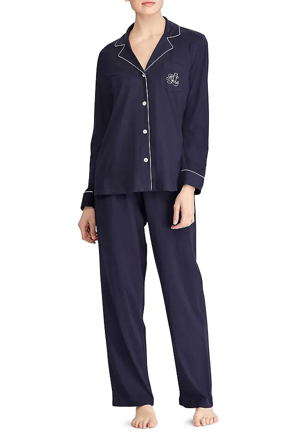 Lauren Ralph Lauren - Pyjamas LRL Knit Collar PJ Set - Blå