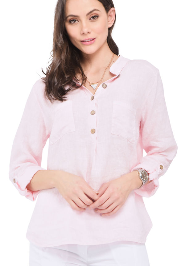 Le Jardin Du Lin Buttoned Tunisian Collar Blouse With Front Pockets, Blusar i storlek XL och färg Rosa