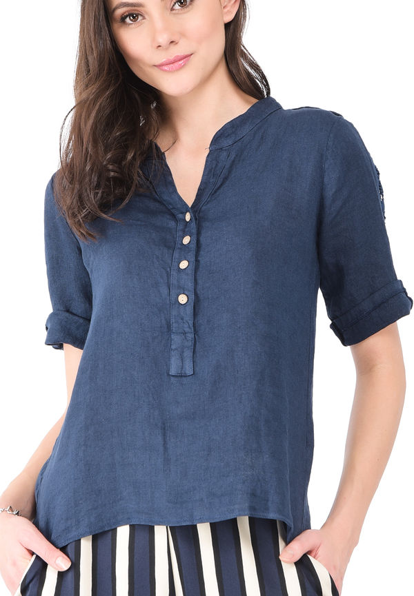 Le Jardin Du Lin Buttoned Tunisian Collar Blouse With Lace Insert And Long Attachable Sleeves, Blusar i storlek L och färg Navy