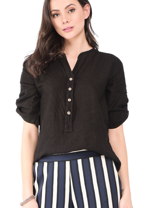 Le Jardin Du Lin Buttoned Tunisian Collar Blouse With Lace Insert And Long Attachable Sleeves, Blusar i storlek M och färg Svart