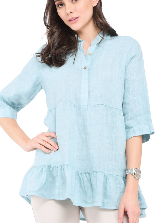 Le Jardin Du Lin Buttoned Tunisian Collar Ruffled Top With Half-sleeves, Blusar i storlek S och färg Turkos
