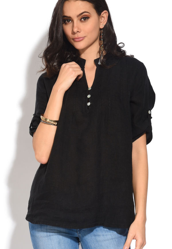 Le Jardin Du Lin Buttoned Tunisian Collar Top With Front Pleats, Blusar i storlek M och färg Svart