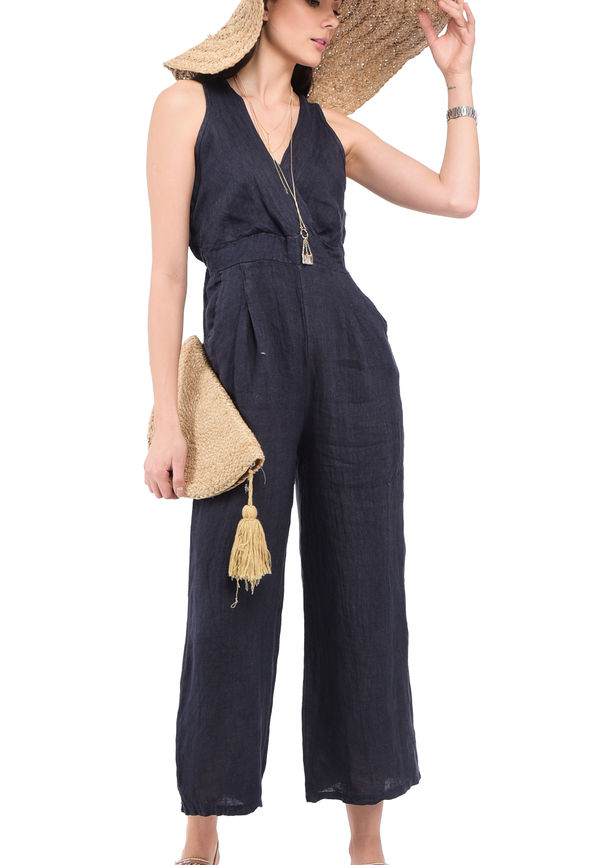 Le Jardin Du Lin Fake Heart-cache Jumpsuit With Back Opening And Pockets, Jumpsuits i storlek L och färg Navy