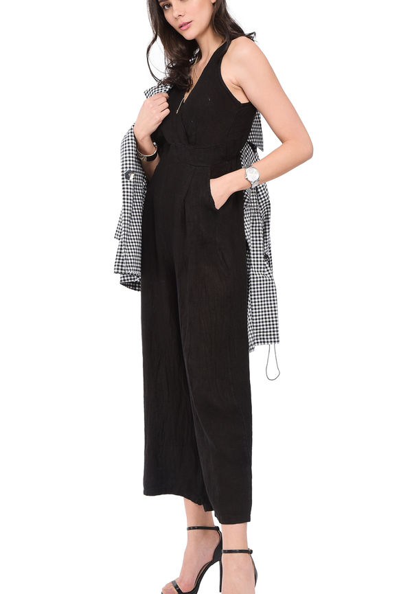 Le Jardin Du Lin Fake Heart-cache Jumpsuit With Back Opening And Pockets, Jumpsuits i storlek M och färg Svart