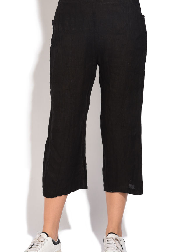 Le Jardin Du Lin Fluid Straight Cut Cropped Trouser With Pockets And Elastic Waistband, Byxor i storlek L och färg Svart