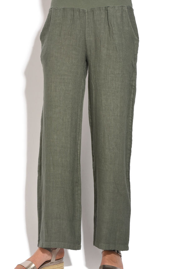 Le Jardin Du Lin Fluid Straight Cut Pant With Pockets And Elastic Waistband, Byxor i storlek L och färg Grön