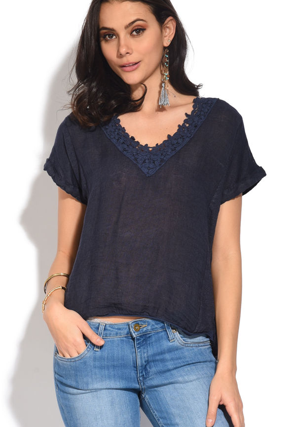 Le Jardin Du Lin Laced V-neck Top With Short Sleeves, Blusar i storlek XL och färg Navy