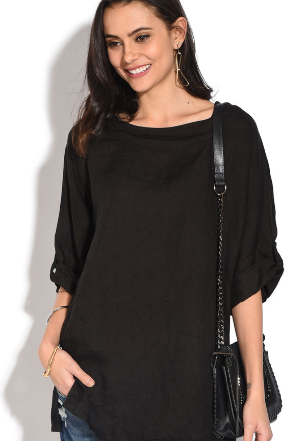 Le Jardin Du Lin Long Sleeves Round Collar Top With Slight Lateral Opening, Blusar i storlek S och färg Svart