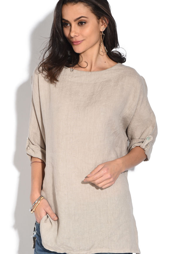 Le Jardin Du Lin Long Sleeves Round Collar Top With Slight Lateral Opening, Blusar i storlek XL och färg Brun