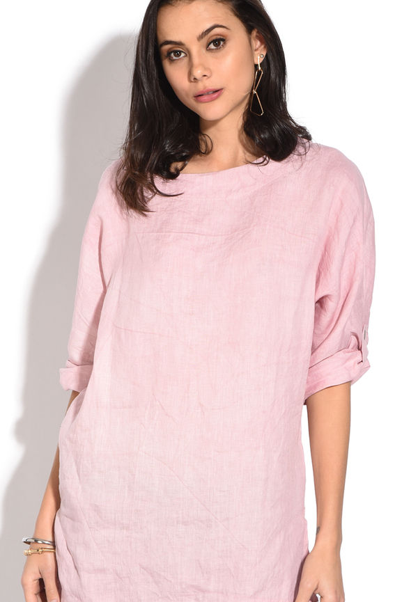 Le Jardin Du Lin Long Sleeves Round Collar Top With Slight Lateral Opening, Blusar i storlek XL och färg Rosa