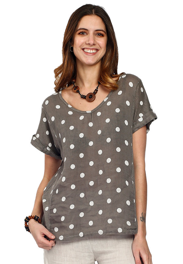 Le Jardin Du Lin Pure Linen Polka Dot Print V-neck Top, Blusar i storlek M och färg Grå