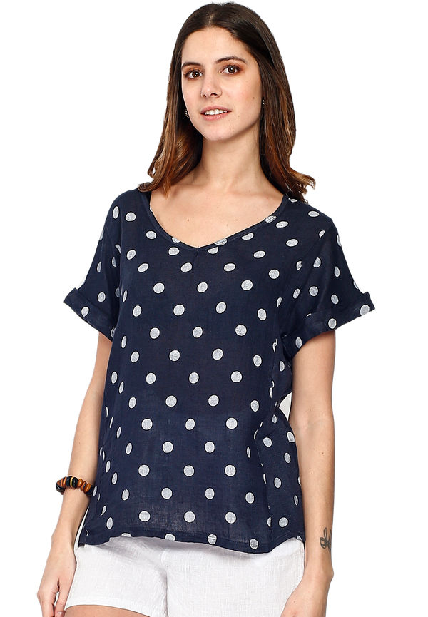 Le Jardin Du Lin Pure Linen Polka Dot Print V-neck Top, Blusar i storlek M och färg Navy