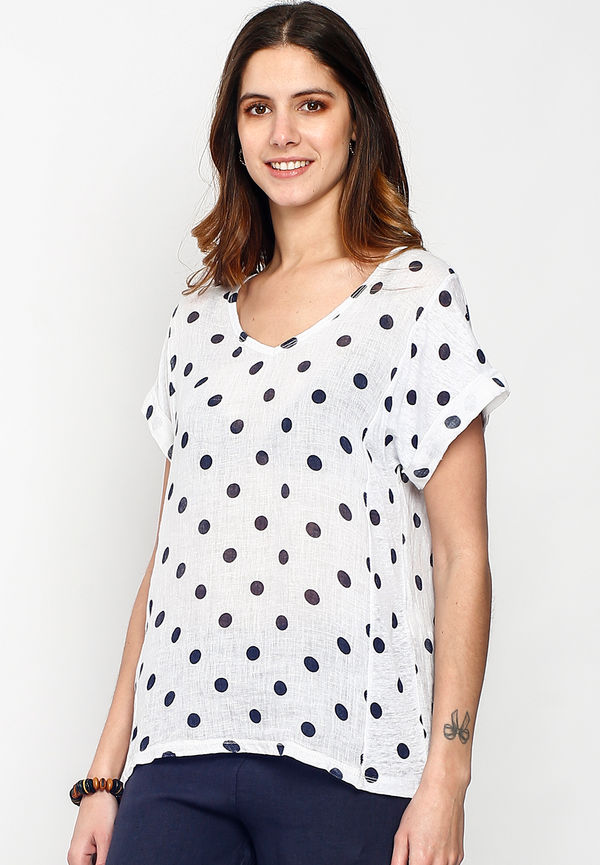 Le Jardin Du Lin Pure Linen Polka Dot Print V-neck Top, Blusar i storlek S och färg Vit