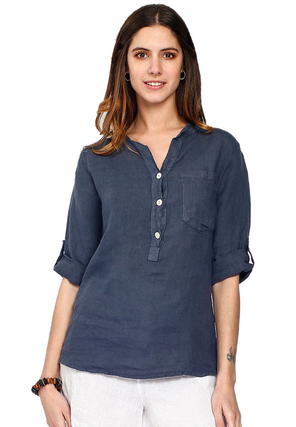 Le Jardin Du Lin Pure Linen Tunic Shirt With Long Pockets, Blusar i storlek L och färg Navy