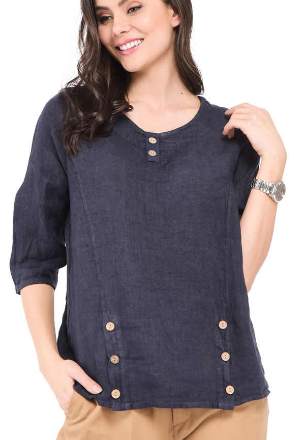 Le Jardin Du Lin Round Collar Top With Buttons And Half-sleeves, Blusar i storlek M och färg Navy