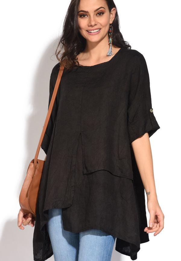 Le Jardin Du Lin Round Collar Tunic With Multiple Layers, Blusar i storlek XL och färg Svart