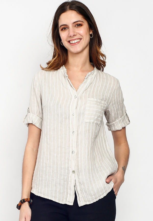 Le Jardin Du Lin Shirts Stripes Long Sleeves Pockets, Blusar i storlek L och färg Beige
