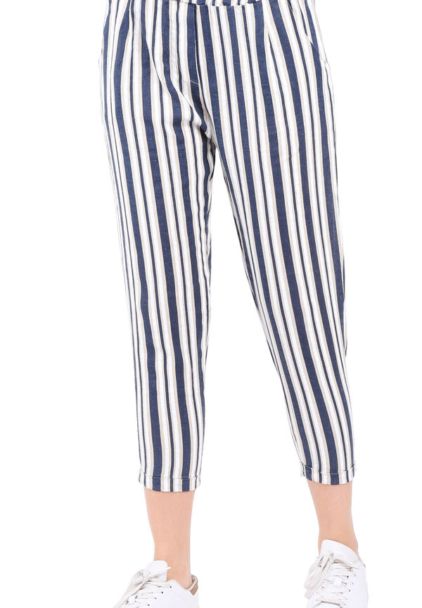 Le Jardin Du Lin Stripped Slim Fit Cropped Pant With Pockets And Elastic Waistband, Byxor i storlek M och färg Beige