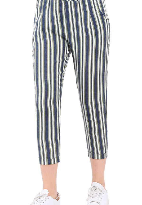 Le Jardin Du Lin Stripped Slim Fit Cropped Pant With Pockets And Elastic Waistband, Byxor i storlek M och färg Grön
