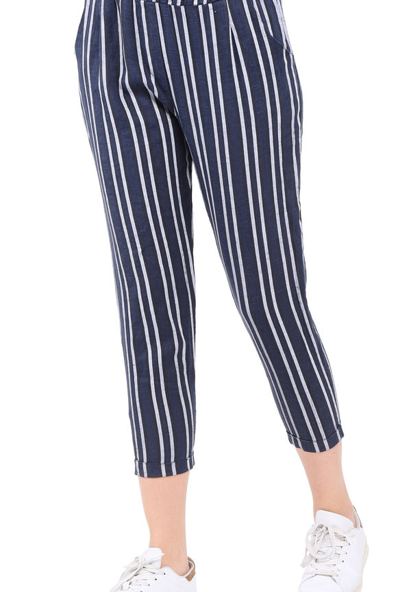 Le Jardin Du Lin Stripped Slim Fit Cropped Pant With Pockets And Elastic Waistband, Byxor i storlek M och färg Navy