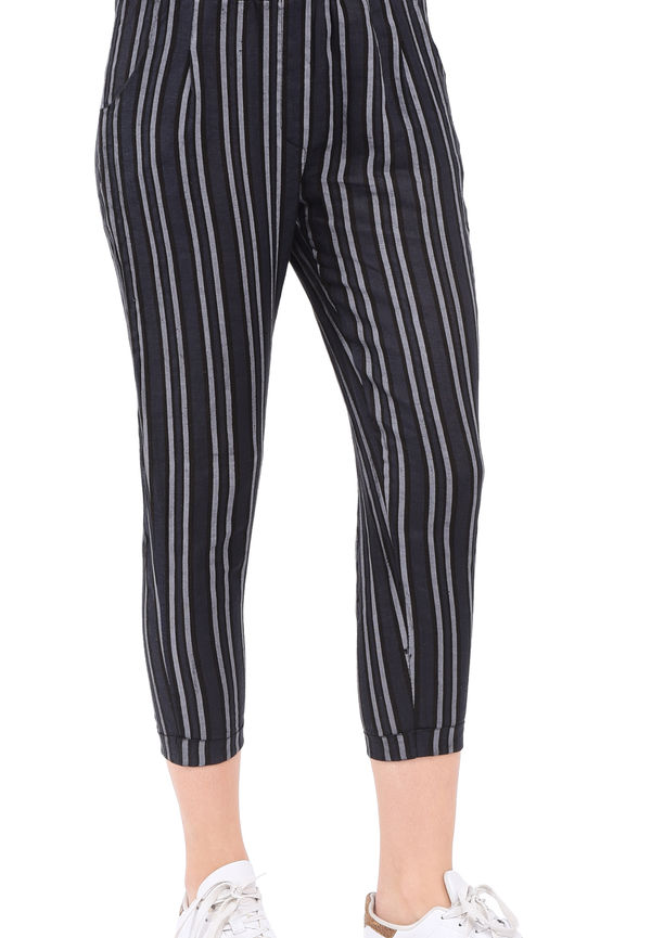 Le Jardin Du Lin Stripped Slim Fit Cropped Pant With Pockets And Elastic Waistband, Byxor i storlek S och färg Svart