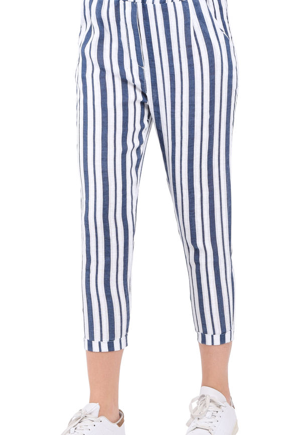 Le Jardin Du Lin Stripped Slim Fit Cropped Pant With Pockets And Elastic Waistband, Byxor i storlek S och färg Vit
