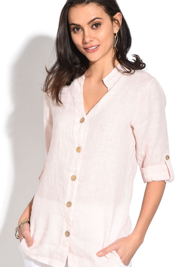 Le Jardin Du Lin Tunisian Collar Buttoned Blouse With Long Attachable Sleeves, Blusar i storlek M och färg Rosa