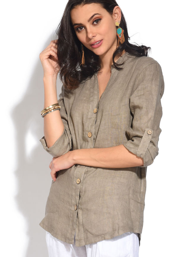 Le Jardin Du Lin Tunisian Collar Buttoned Blouse With Long Attachable Sleeves, Blusar i storlek XL och färg Brun