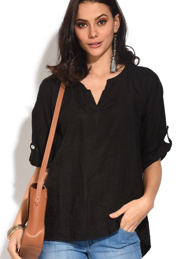 Le Jardin Du Lin Tunisian Collar Top With Long Attachable Sleeves, Blusar i storlek M och färg Svart