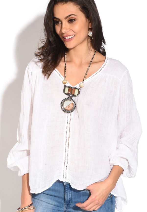Le Jardin Du Lin V-neck Top With Lace Insert And Half- Sleeves, Blusar i storlek S och färg Vit