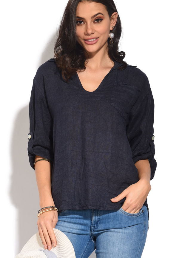 Le Jardin Du Lin V-neck Top With Long Sleeves And Pockets, Blusar i storlek XL och färg Navy