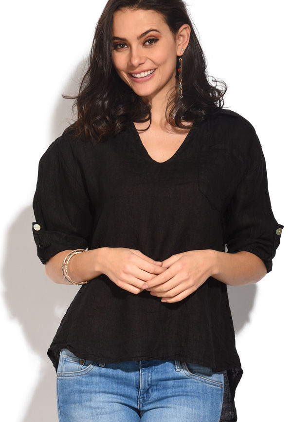 Le Jardin Du Lin V-neck Top With Long Sleeves And Pockets, Blusar i storlek XL och färg Svart