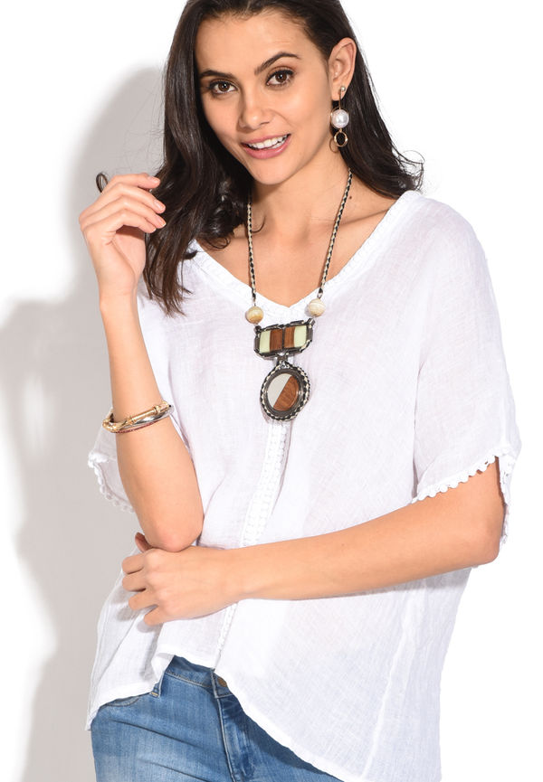 Le Jardin Du Lin Women Semi-transparent Top With V-neck And English Lace, Blusar i storlek M och färg Vit
